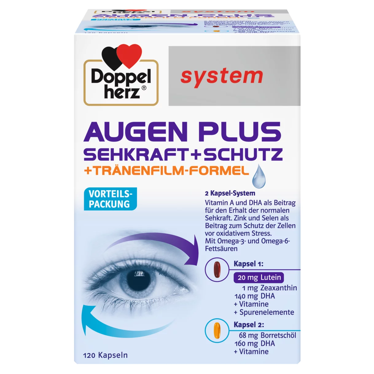 Abbildung der Produktverpackung Doppelherz system AUGEN PLUS SEHKRAFT + SCHUTZ Frontansicht